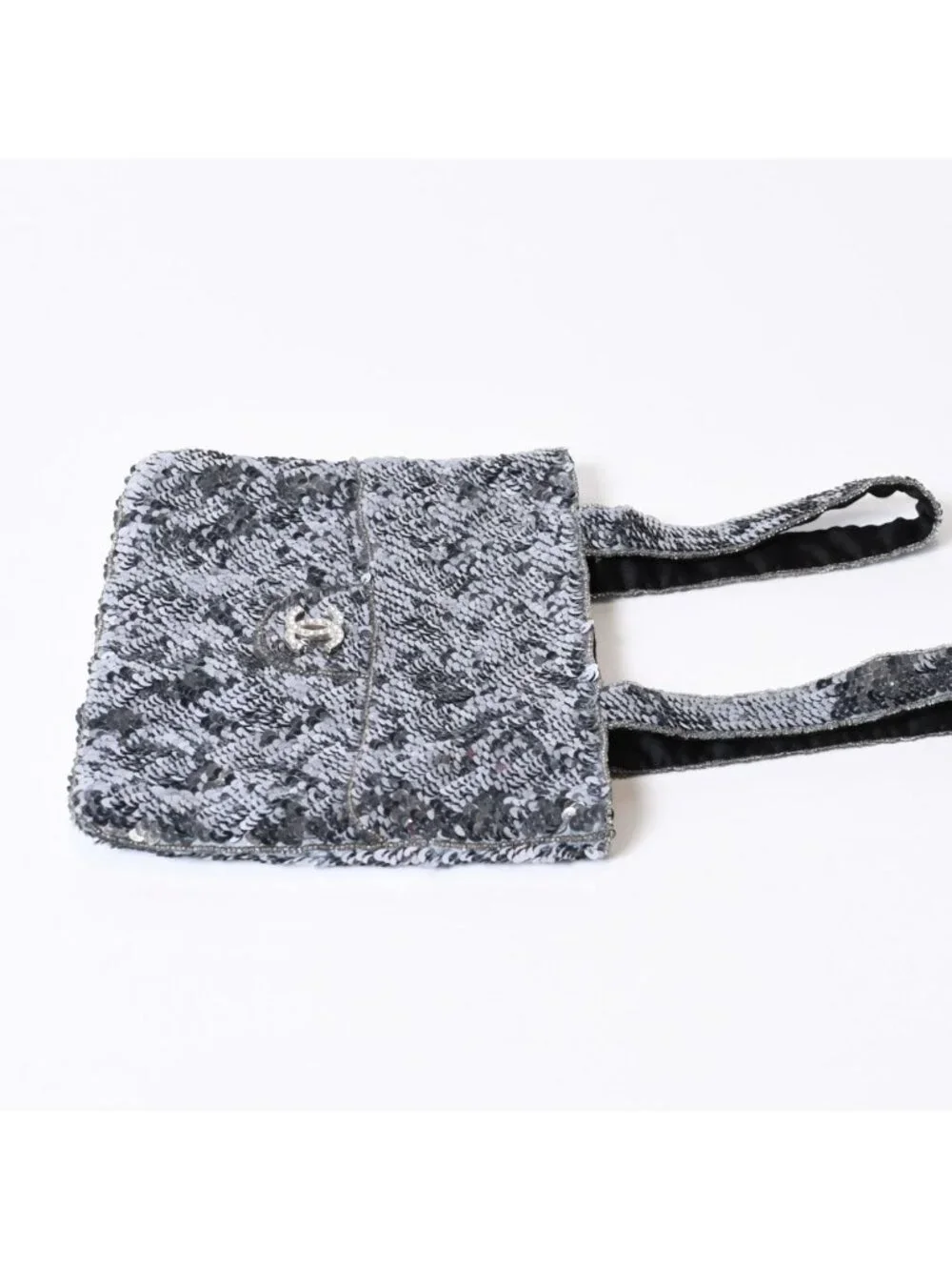 Chanel Sequin Handbag CC Logo Rhinestone Silver Clear